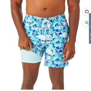 Men's Member’s Mark Resort Swim Trunk - Blue and Green 🦩 Flamingos Medium
